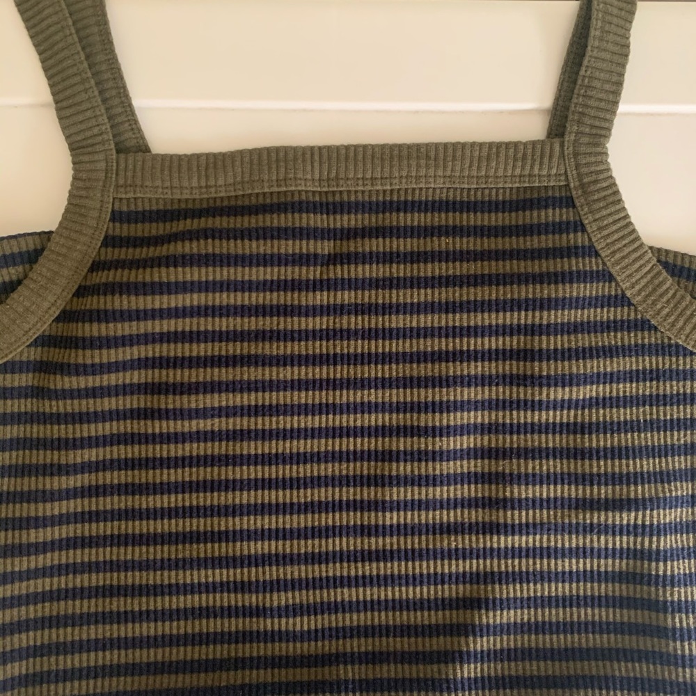 Olive green and blue striped spaghetti strap top